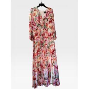 Maison Tara Floral Maxi Dress Size 14 Long Sleeve V Neck Pleated Lined Elegant